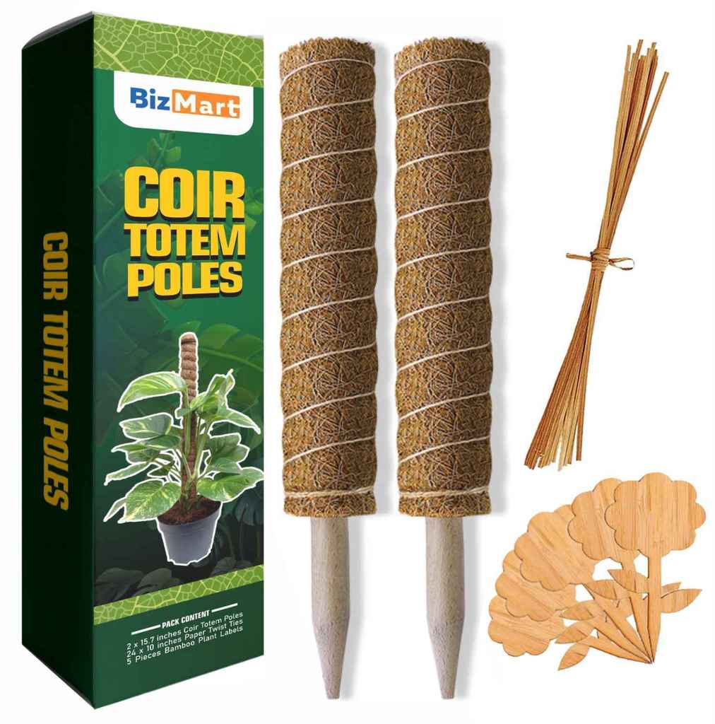 Coco Coir Poles For Climbing Plants with 24 Pre-Cut Paper Twist Ties and 5 (Bonus) Bamboo Plant Labels